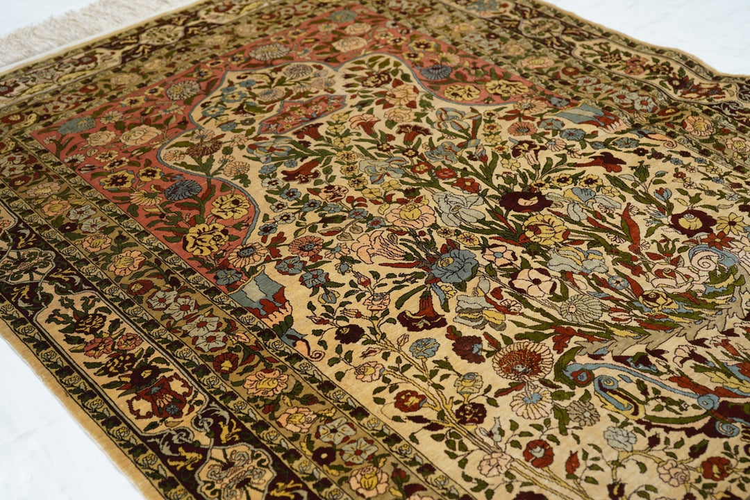 Extremely Fine Antique Turkish Silk Hereke Rug 3'5'' x 4'11''