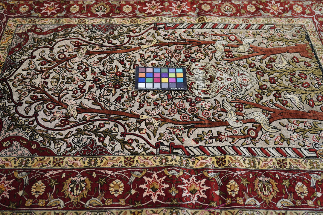 Extremely Fine Turkish Silk Hereke with the Field Woven with Silver Metal treads Rug 3'3'' x 4'6''