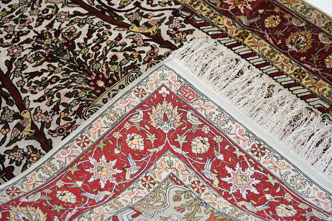 Extremely Fine Turkish Silk Hereke with the Field Woven with Silver Metal treads Rug 3'3'' x 4'6''