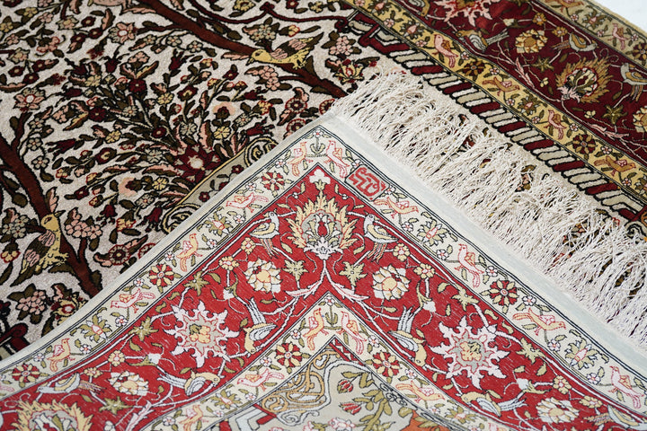 Extremely Fine Turkish Silk Hereke with the Field Woven with Silver Metal treads Rug 3'3'' x 4'6''