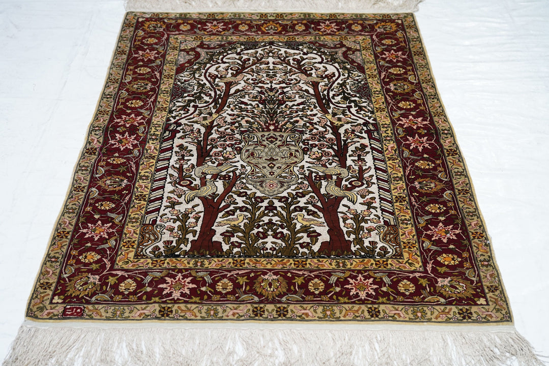 Extremely Fine Turkish Silk Hereke with the Field Woven with Silver Metal treads Rug 3'3'' x 4'6''