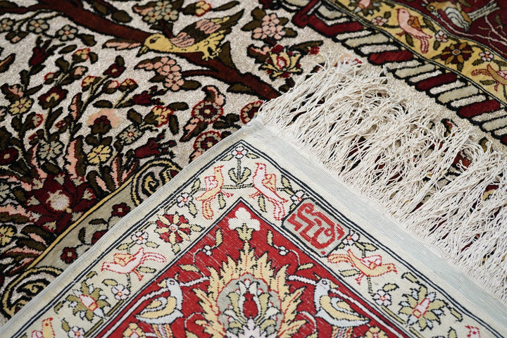 Extremely Fine Turkish Silk Hereke with the Field Woven with Silver Metal treads Rug 3'3'' x 4'6''