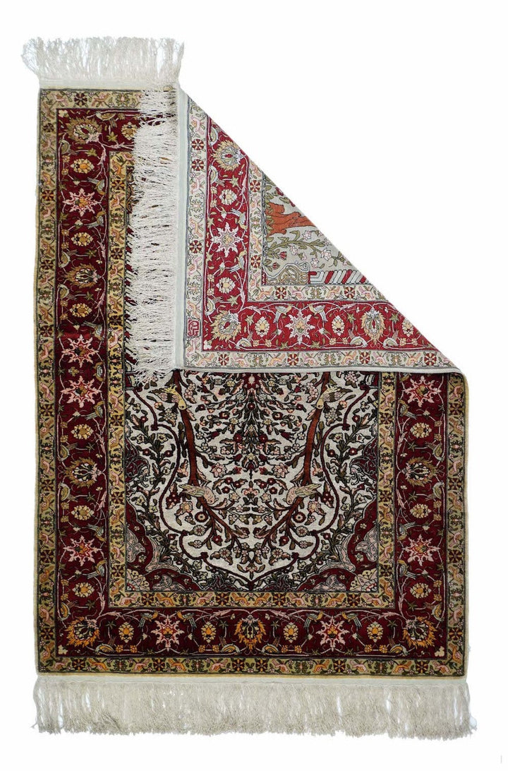 Extremely Fine Turkish Silk Hereke with the Field Woven with Silver Metal treads Rug 3'3'' x 4'6''